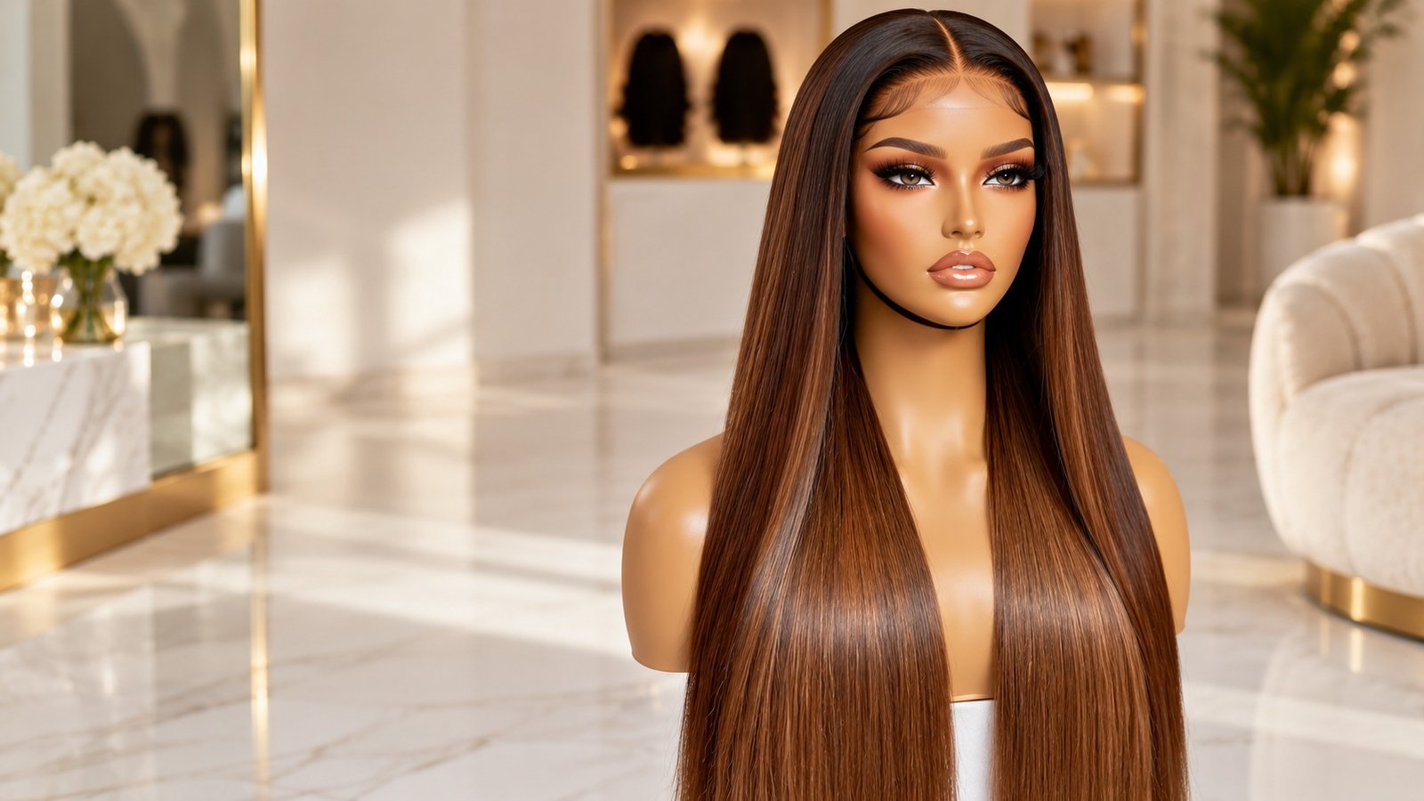 Premium brunette straight wig displayed on a mannequin